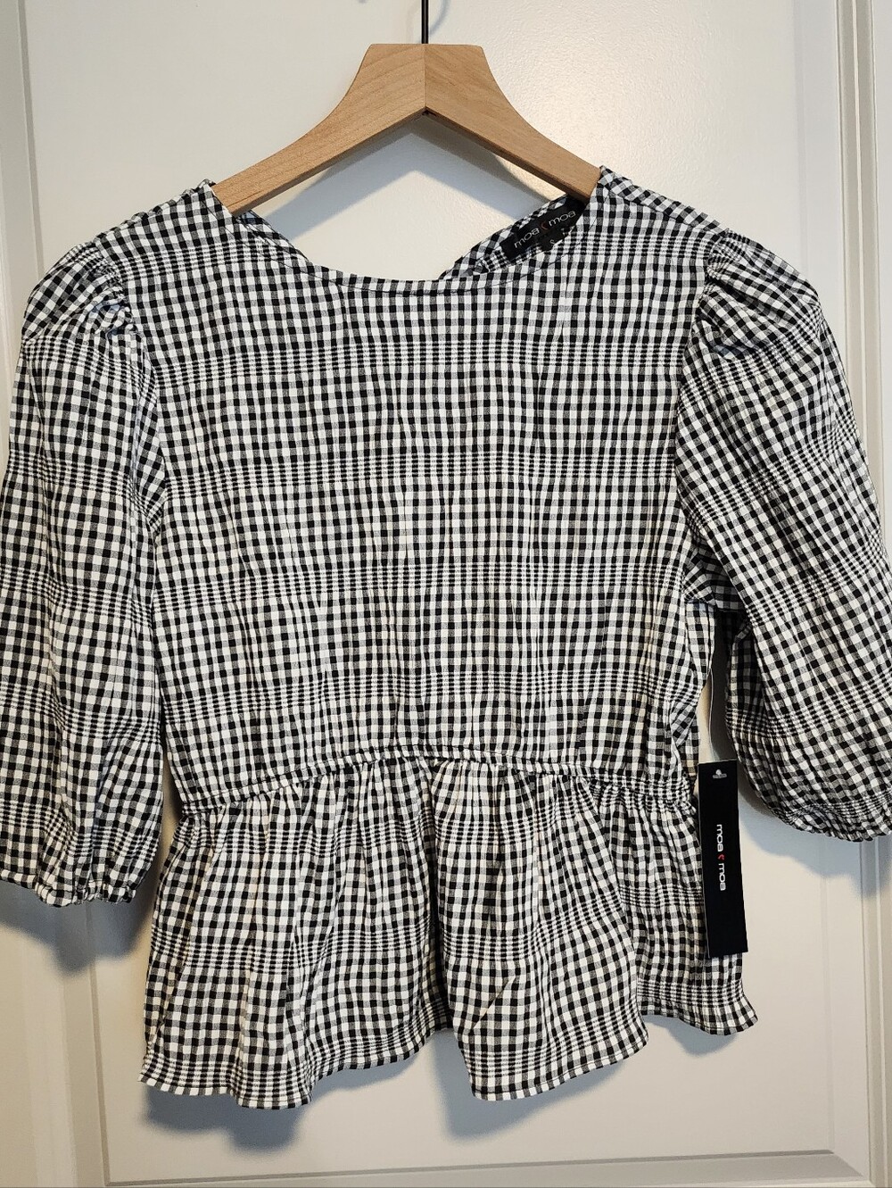 Moa Moa Black and White Gingham Peplum Top with Tie Sleeves